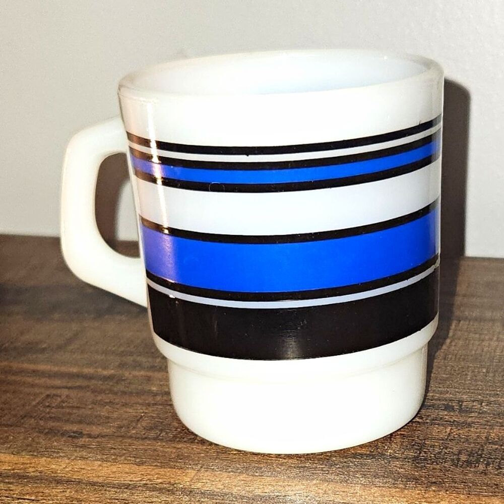 Fire-King 9 oz Milk Glass Mug White Blue Black Striped Bands w/ Handle 1950s